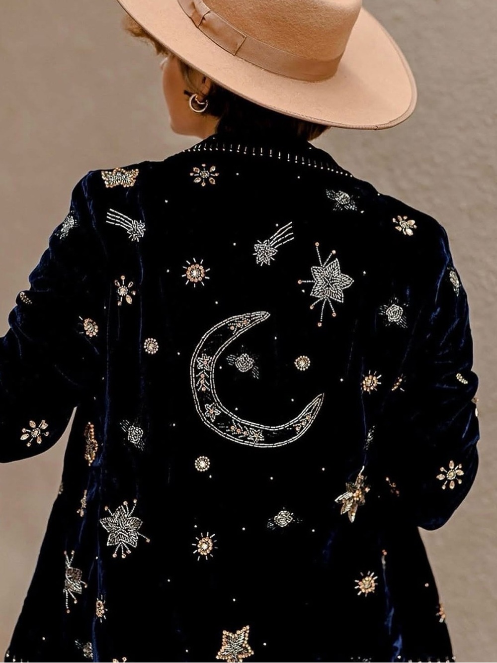 Embellished Navy Velvet Blazer Jacket - Star & Comet Appliqué